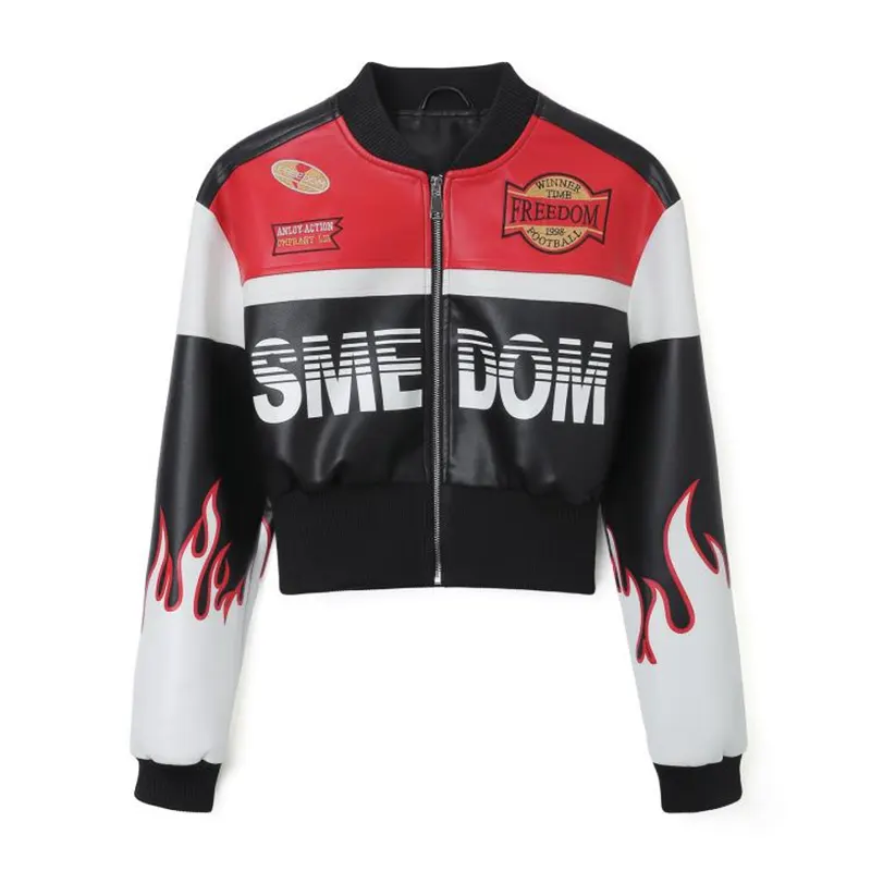 เสื้อแจ็คเก็ตหนัง Biker พิมพ์ลายเปลวไฟ