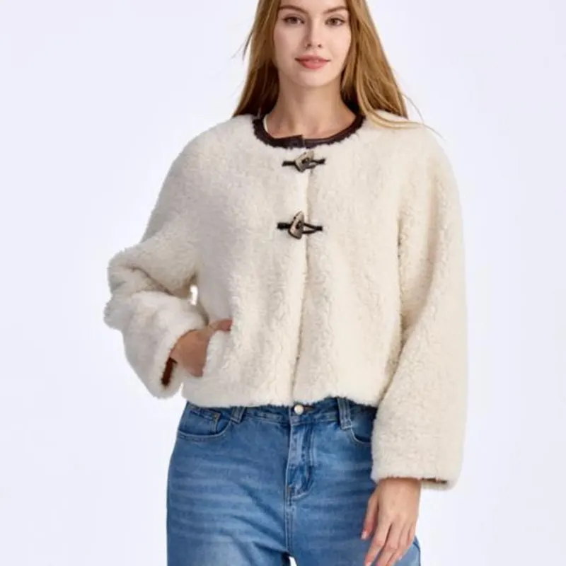 Color-block Crewneck Toggle Buttons Pocket Sherpa Jacket