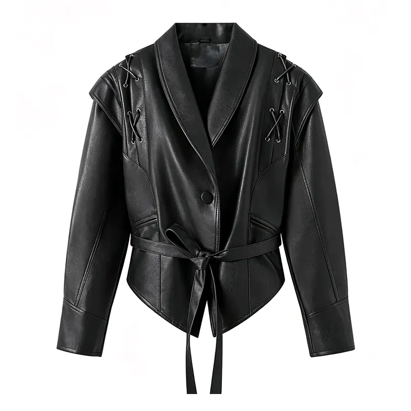 Lace-Up Shoulder Faux Leather Jacket with Belt
