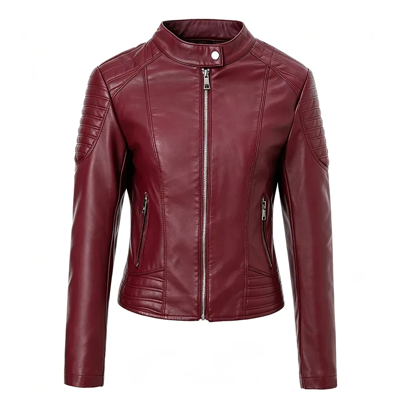 Washed Faux Leather Jacket with Stand Collar