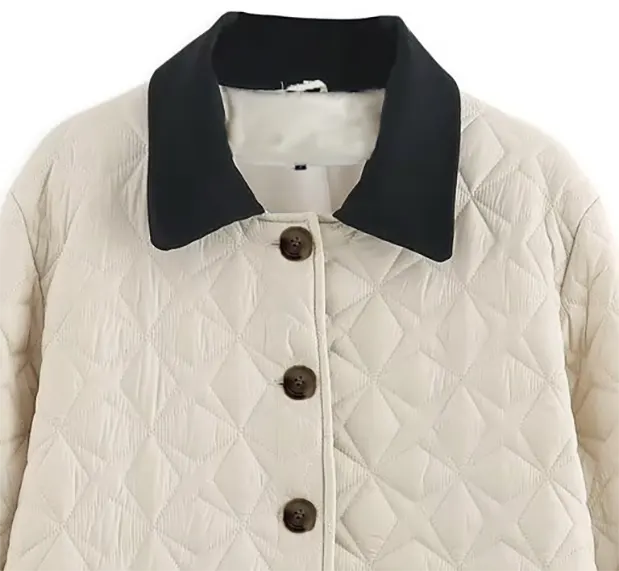 Plaid Contrast Collar Buttoned Long Quilted Coat