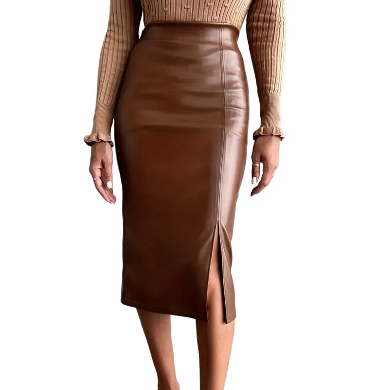 Solid Slit PU Leather Midi Skirt