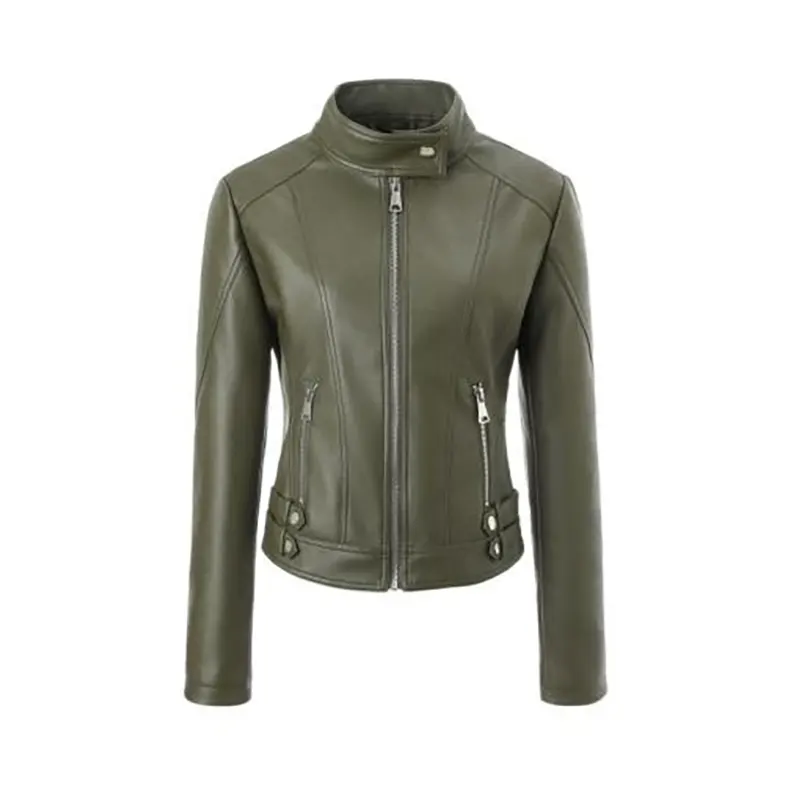 เสื้อแจ็คเก็ต Moto หนัง PU สไตล์สปอร์ตพร้อมปกตั้ง